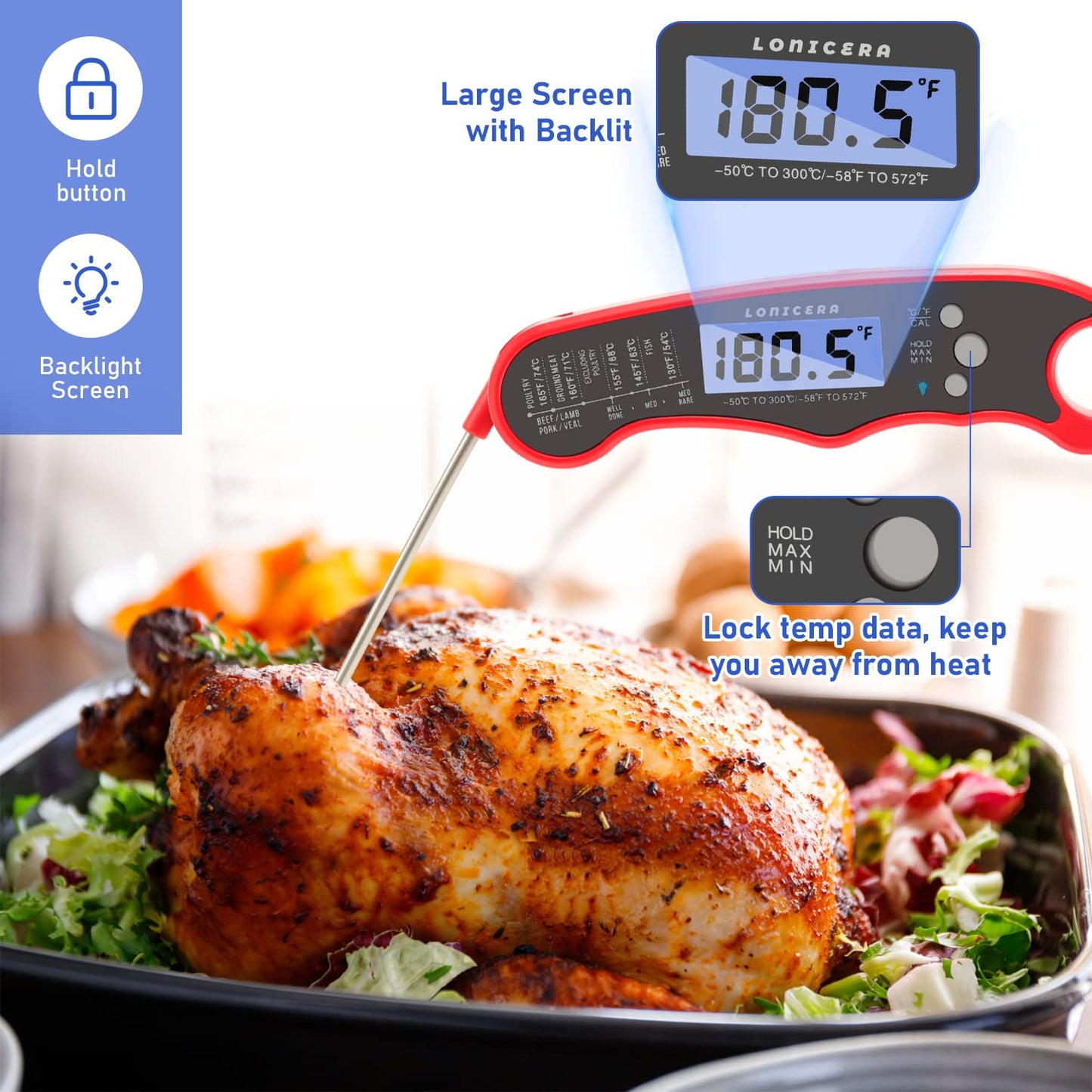 Lonicera Meat Thermometer Digital for Cooking Food. Waterproof & Instant Read for Kitchen Baking, BBQ. with Foldable Probe, Backlight & Calibration (Red)