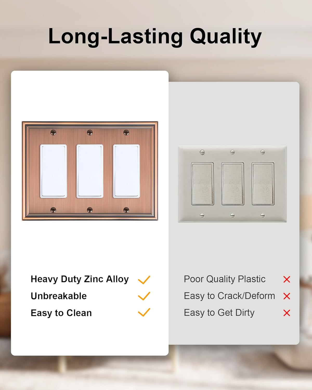 2-Pack Decorative Tripple Decorator Outlet Cover Plate, Durable Zinc Alloy Antique Copper Wall Plates for Electrical Outlet, Receptacle, GFCI Outlet, Dimmer Switch, 3-Gang Corrosion Resistant