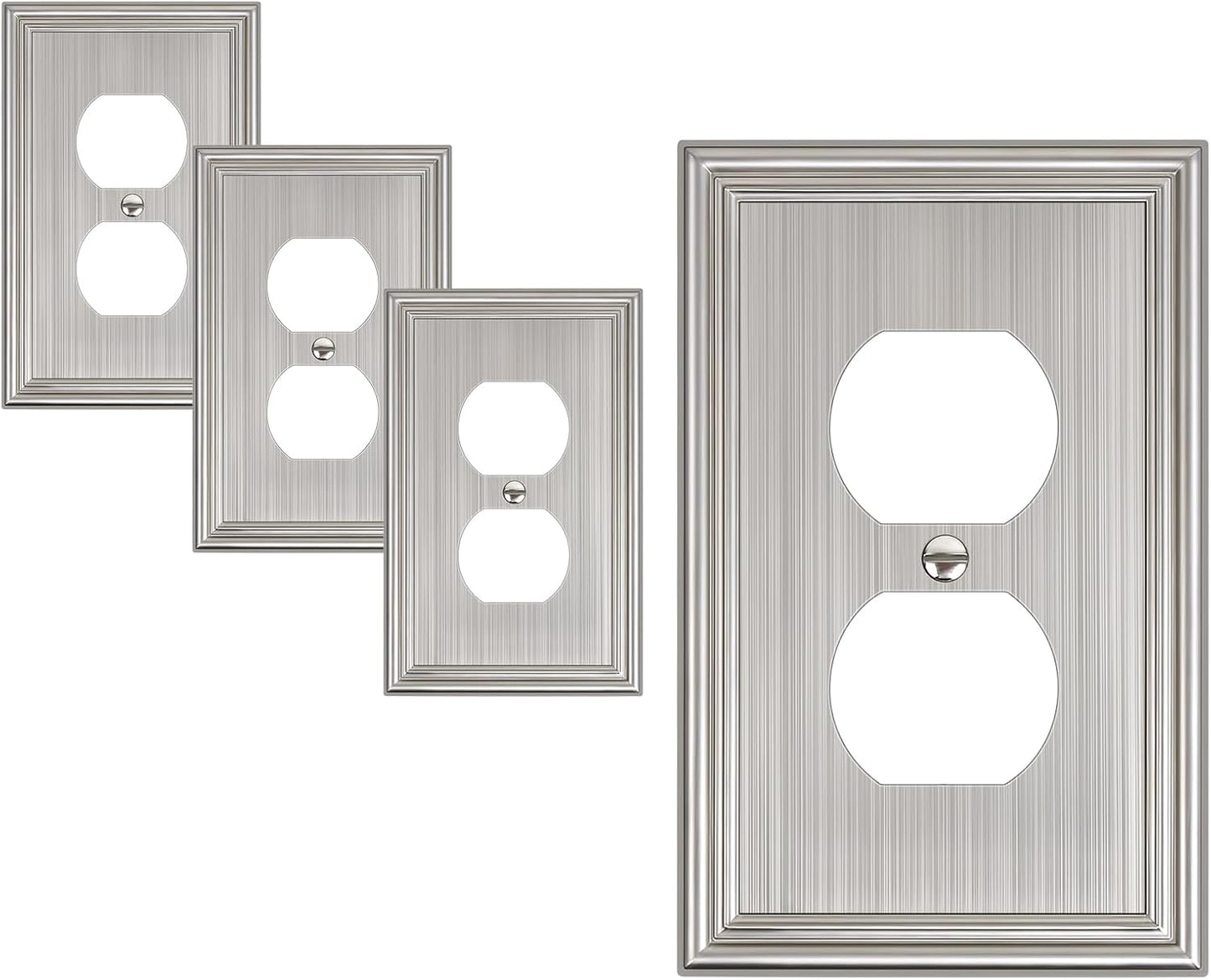 4-Pack Duplex Outlet Cover, Durable Solid Zinc Alloy Decorative Switch Plates and Outlet Covers, Brushed Nickel Wall Plates for Electrical Outlet, 1 Gang Receptacle Cover, Corrosion Resistant
