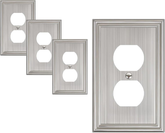 4-Pack Duplex Outlet Cover, Durable Solid Zinc Alloy Decorative Switch Plates and Outlet Covers, Brushed Nickel Wall Plates for Electrical Outlet, 1 Gang Receptacle Cover, Corrosion Resistant