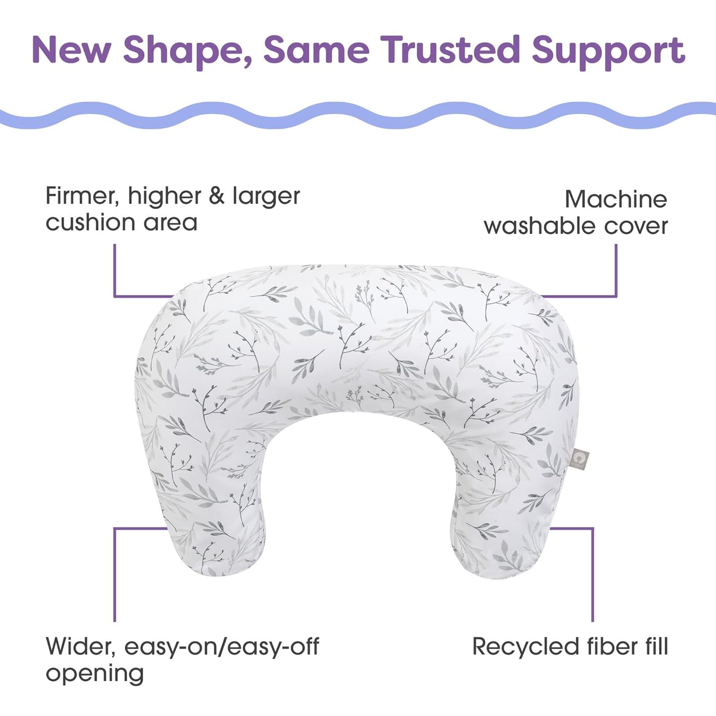 Boppy Nursing Pillow - Ergonomic Bottle & Breastfeeding Pillow with High, Firm, Large Area, Water-Repellent Cushion with Washable Cover; Baby Safety Alliance Verified - Gray Gentle Leaves
