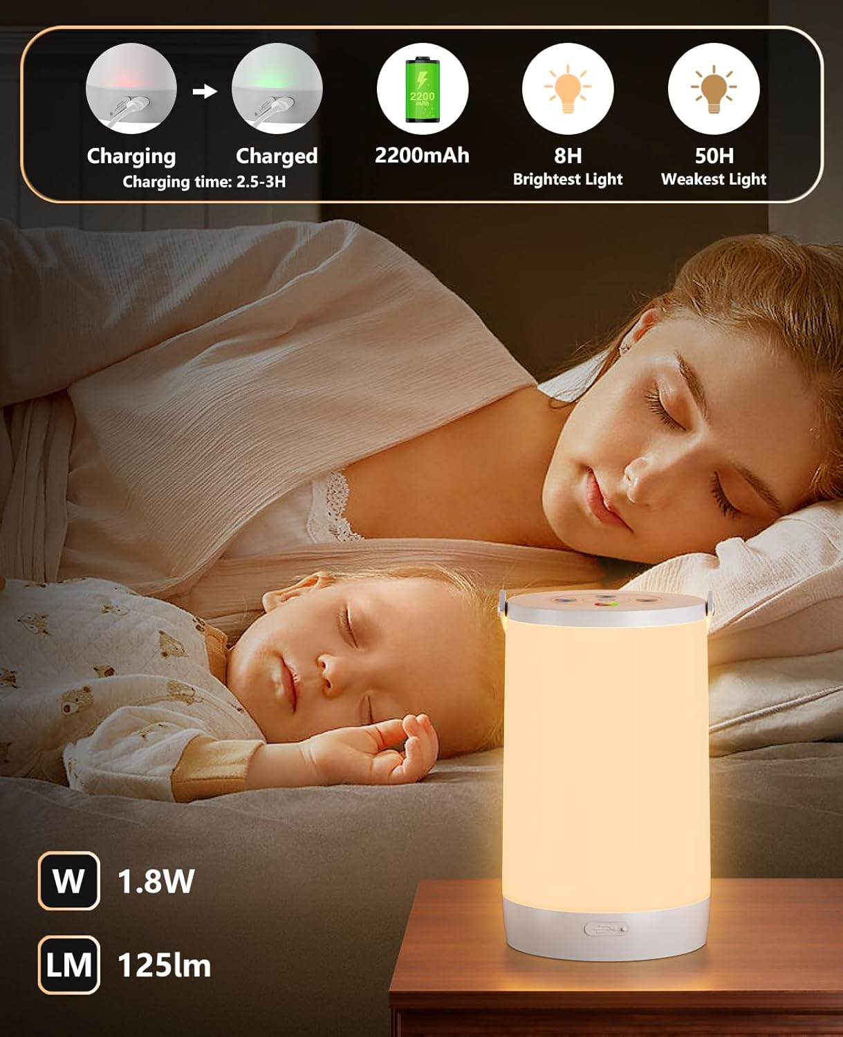 Night Light for Kids, Portable USB Night Lamp with 2200 mAh Battery, Bright Color Changing Light for Nightstand, Small Touch Bedroom Table Lamp for Girls, Boys, Toddler, 2 Pack