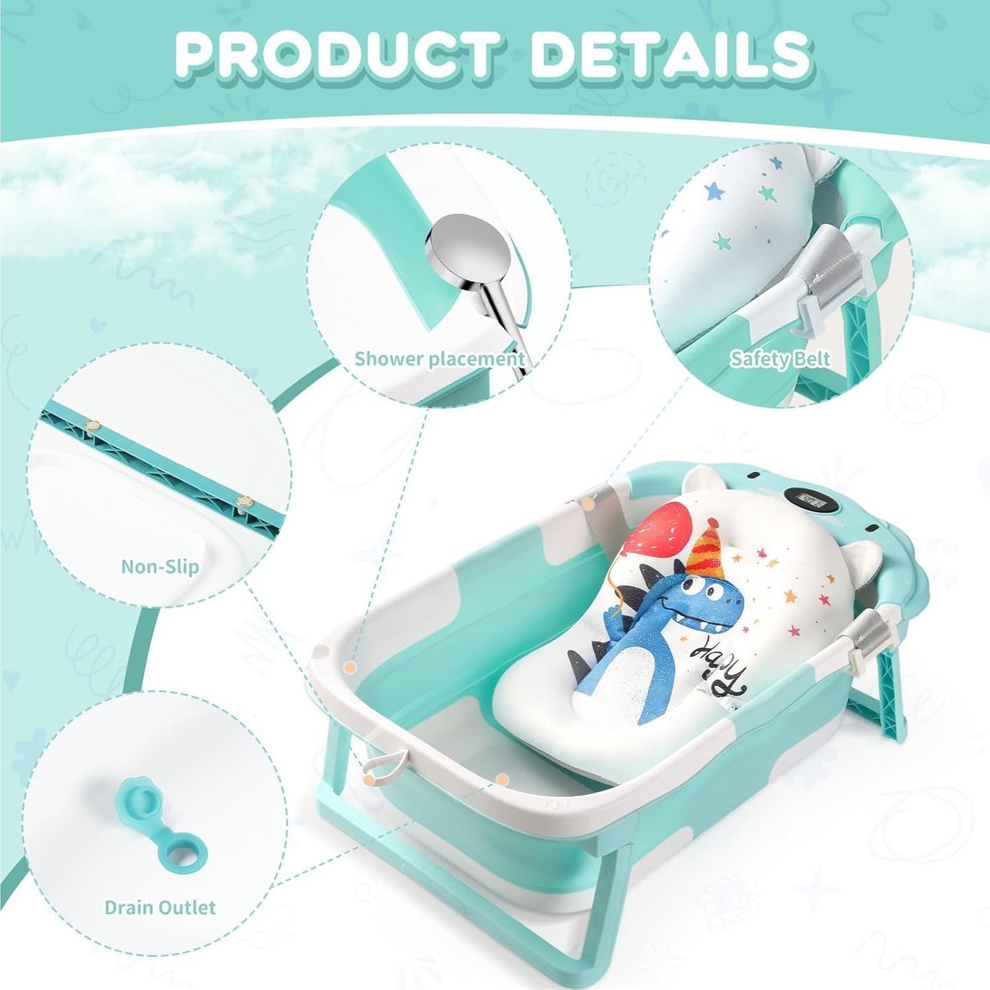 Baby Bathtub,Collapsible Baby Bath Tub with Thermometer & Soft Floating Cushion,Portable Travel Baby Bathtubs for Newborns to Toddlers 0-36 Months(Bear Green)