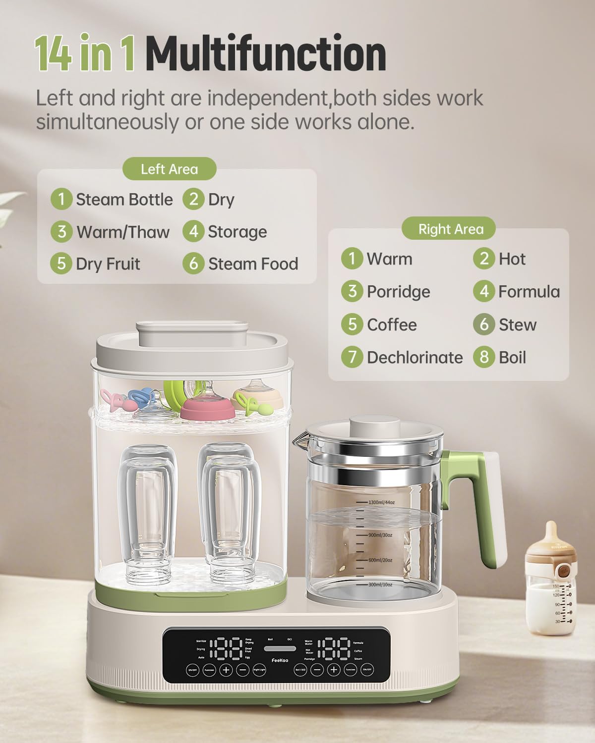 Feekaa Multifunctional Baby Bottle Warmer, Steamer and Dryer, 44oz Baby Formula Kettle Combo, Bottle Warmer for Breastmilk with Temperature Control, Water Warmer for Baby Formula, Electric Milk Warmer