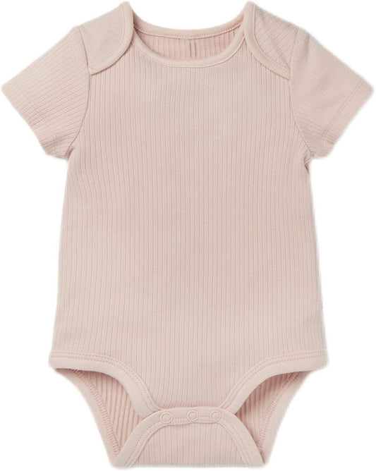 MORI Baby Ribbed Short Sleeve Bodysuit with Envelope Neck and Nickel Free Poppers - Unisex Toddler Romper for Boys and Girls