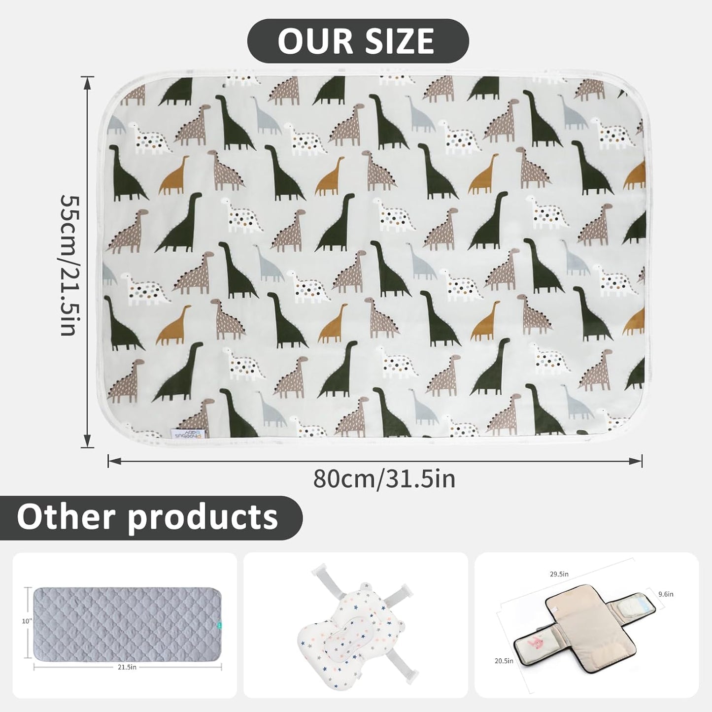 Baby Diaper Changing Pad, 21 5/8" x 31.5" Waterproof Changing Pad Liners - Reusable Soft and Absorbent Portable Changing Mat(Cute Dinosaur1PCS)