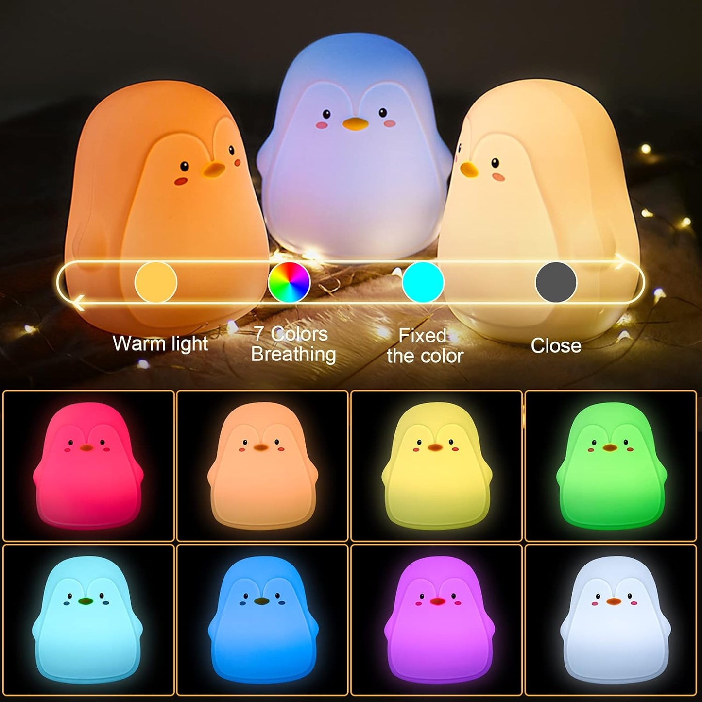 Penguin LED Night Light for Kids, Cute Nursery Color Changing Kids Night Light with Tap Control, USB Rechargeable Portable Squishy Silicone Soft Lamp Gifts for Baby Girls Boys Toddler Children Bedroom
