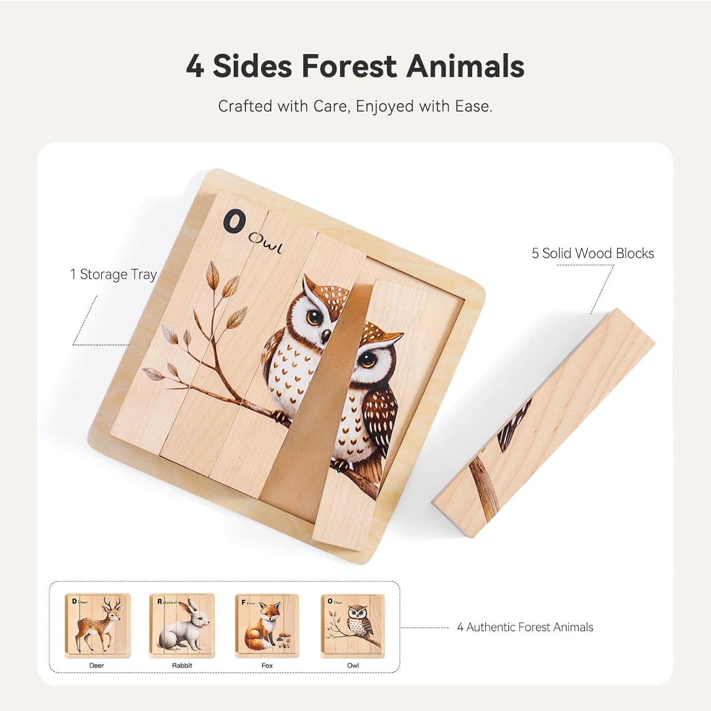 IEATFO 4 in 1 Wooden Animal Chunky Puzzle, 5 Solid Wood Puzzle Blocks with 4 Sides Realistic Forest Animals, Wooden Block Puzzle with Durable Base for Toddlers 3+ Years - Montessori Inspired