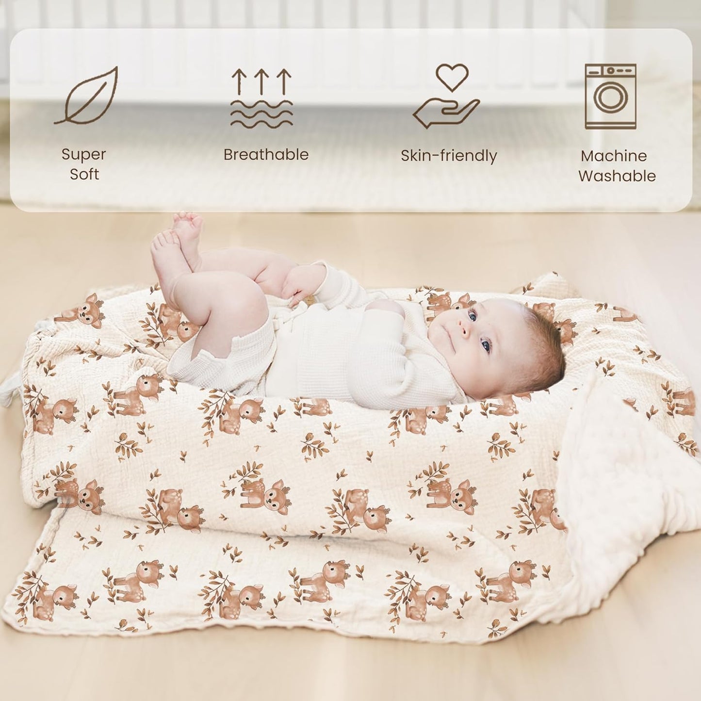 Konssy Baby Blankets for Unisex Boys Girls, Super Soft Nursery Minky Blankets with Muslin Cotton Front and Dotted Fleece Backing, Printed Bed Throws Newborn