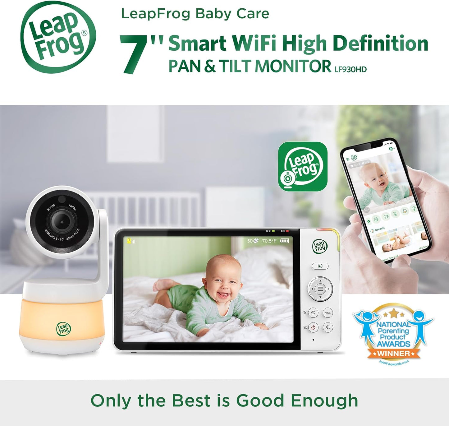 LeapFrog LF930HD Baby Monitor, 7” 720p HD Display,Video Baby Monitor with Camera and Audio, 1080p Smart Remote Access,360° Pan & Tilt,Color Night Light &Vision, Two-Way Intercom