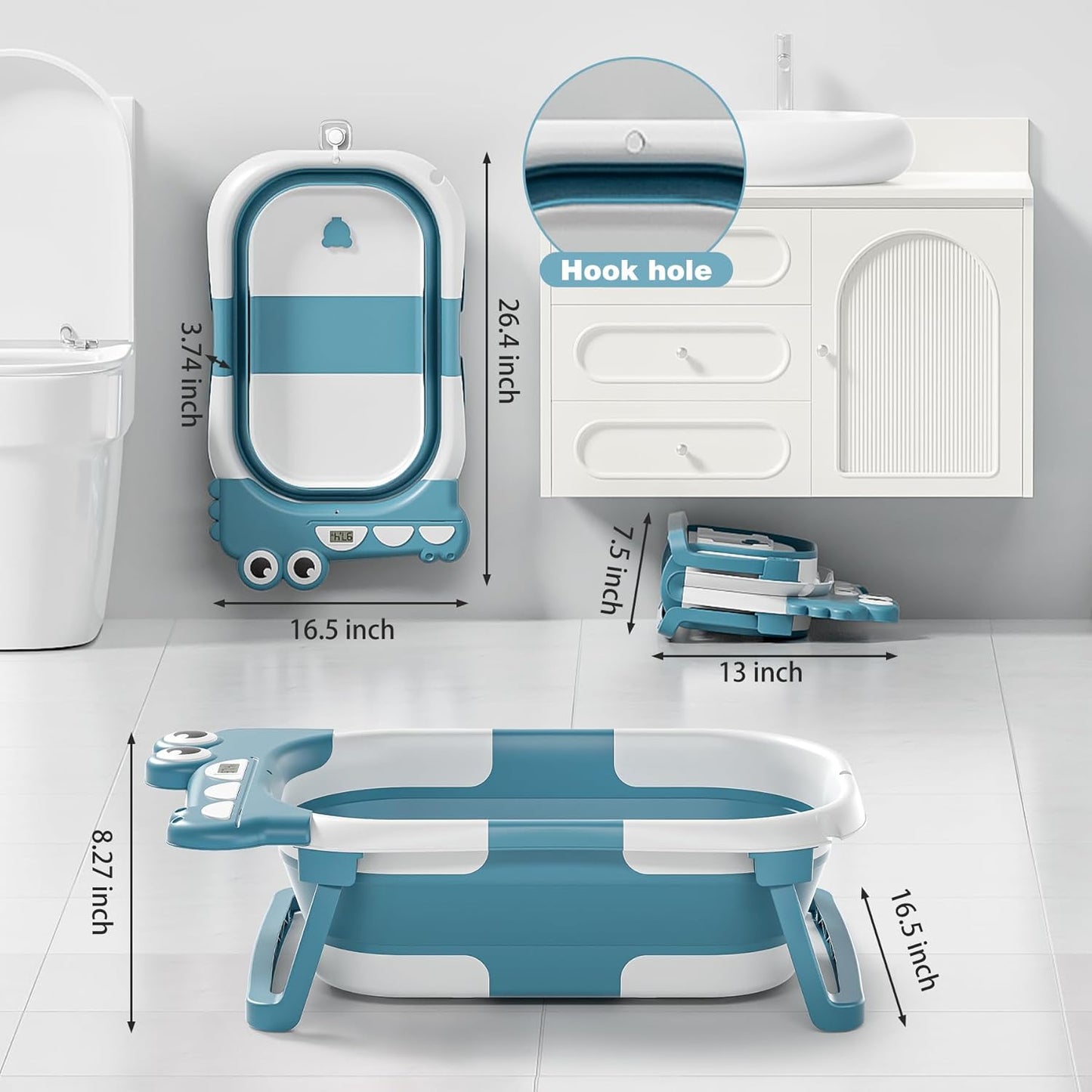 Collapsible Baby Bathtub for Newborn, Foldable Baby Bath Tub with Thermometer & Soft Floating Cushion & Drain Hole, Portable Travel Infant Bath Tubs for Newborns to Toddler 0-36 Months Girl, Blue