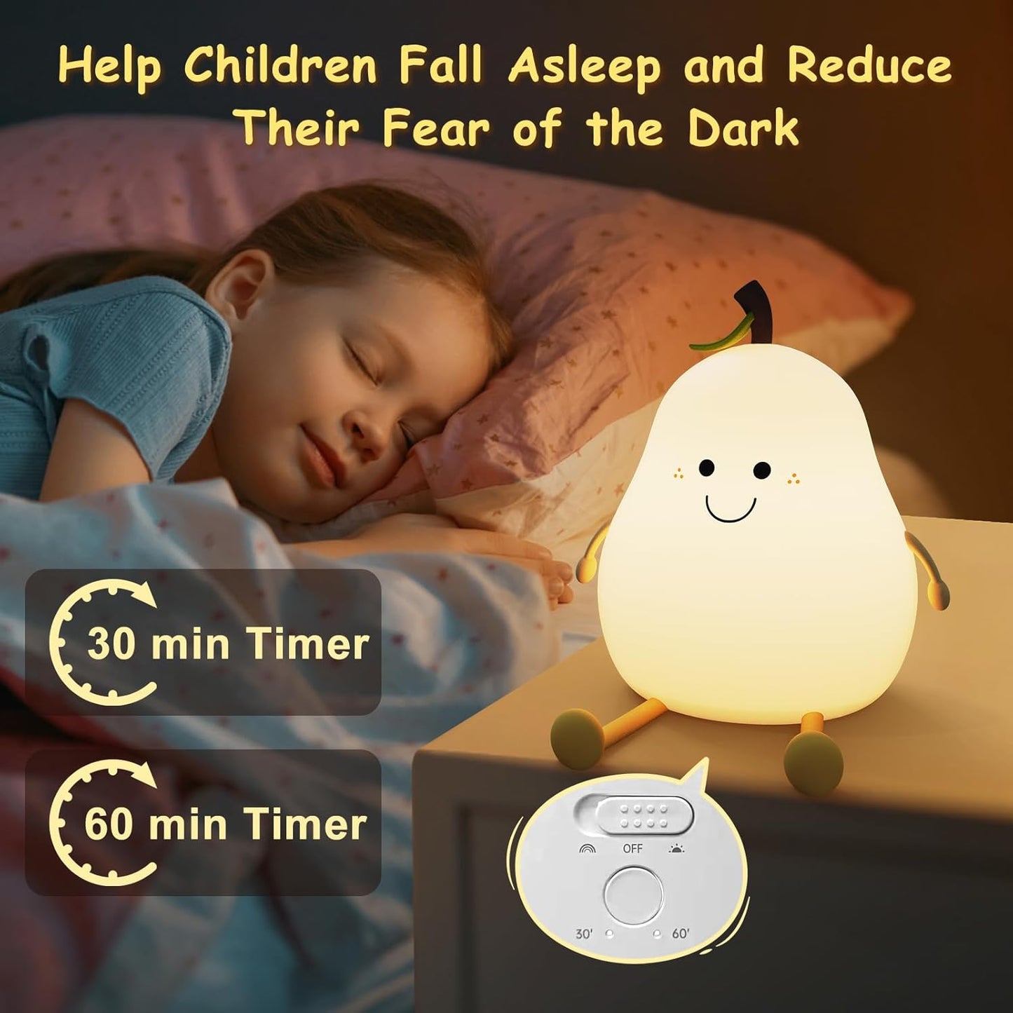 Aolyty Kids Night Light, Cute Silicone Pear Table Lamp Warm Light&7 Colors Modes Clap Light with Timer Dimmable Bedside Lamp USB Charge Gifts for Children Boys Girls Room Decor