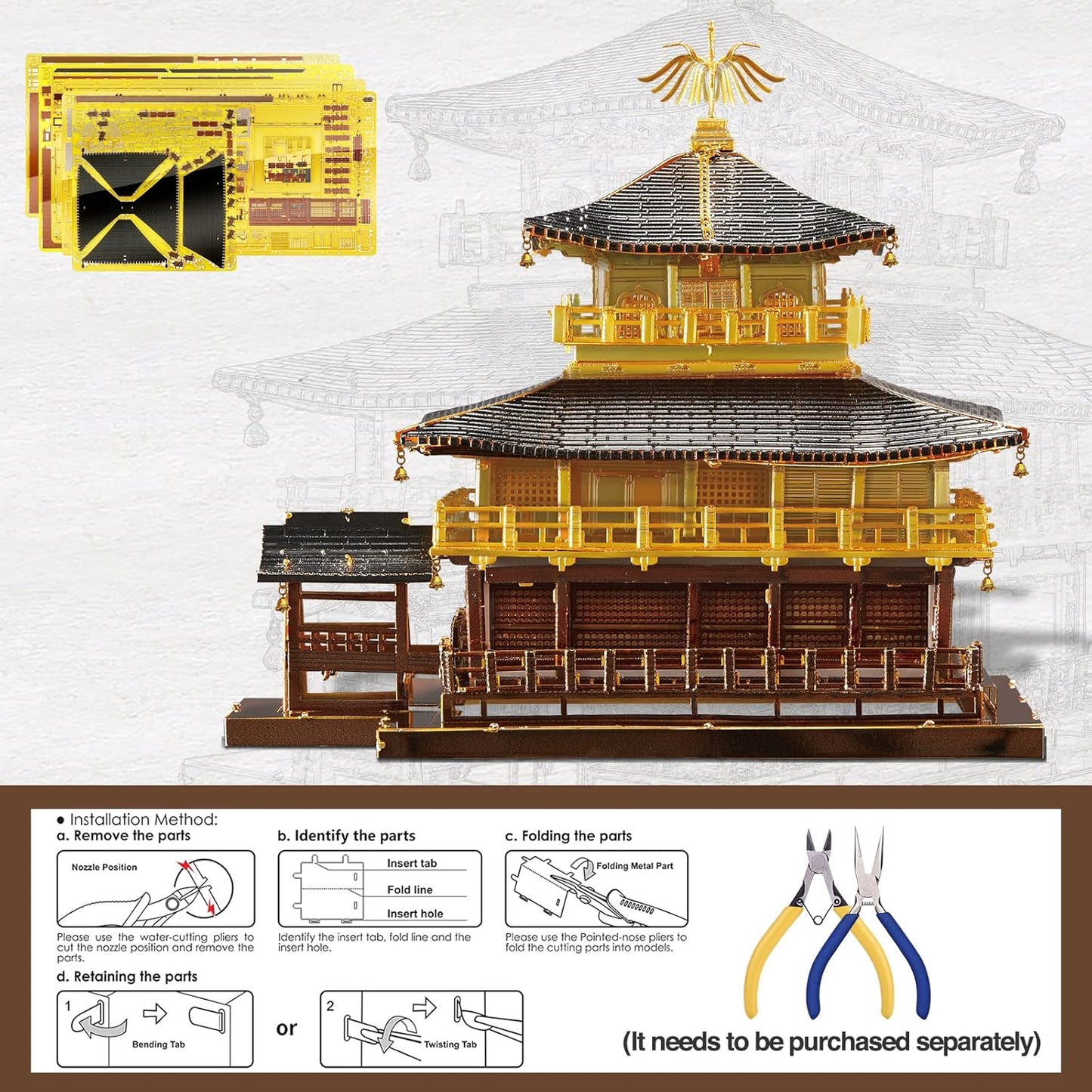 Piececool 3D Metal Model Kits for Adults, Kinkaku-ji Golden Pavilion Model Building Kits, Challenging 3D Puzzles for Stress Relief DIY Craft Kits