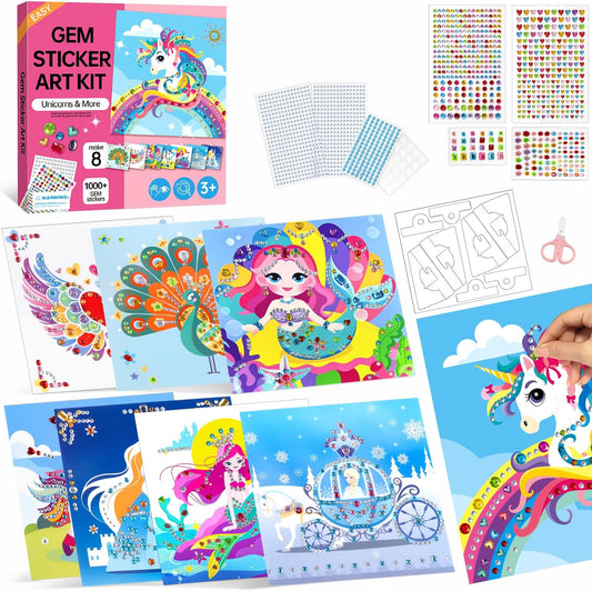 Marlrin Gem Sticker Kit for Kids, 8 Unicorn Princess Themes, Crafts Kits for Girls Ages 4-8, Arts & Crafts Toys, Diamond Art Kits for Kids - Birthday and Christmas Gift for Girls Ages 3, 4, 5, 6, 7, 8
