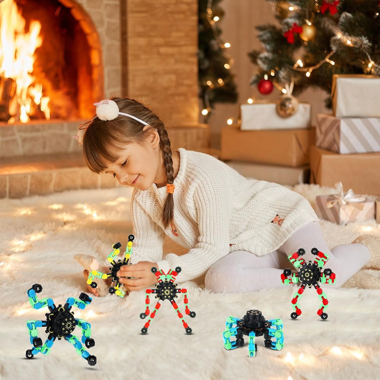 100 Pcs Funny Sensory Fidget Toy Bulk Transformable Chain Robot Finger Toys Fidget Spinners Stress Relief Fingertip Gyro Deformable Mechanical Spiral Twister Spinner Toy for Adult Kids ADHD (Glow)