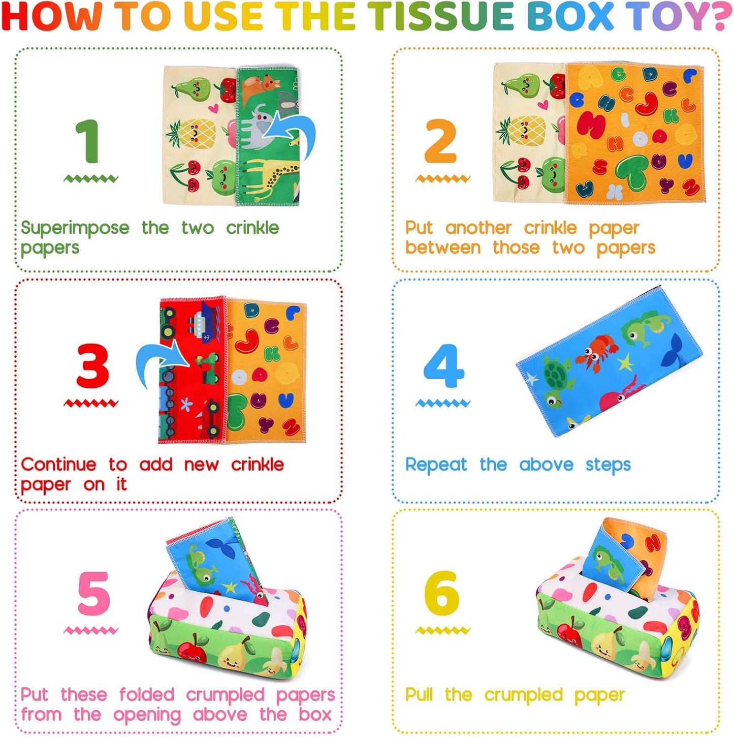 Baby Toys 6 to 12 Months - Tissue Box Toy Montessori for Babies 6-12 Months, Soft Stuffed High Contrast Crinkle Infant Sensory Toys, Boys&Girls Kids Early Learning Gifts