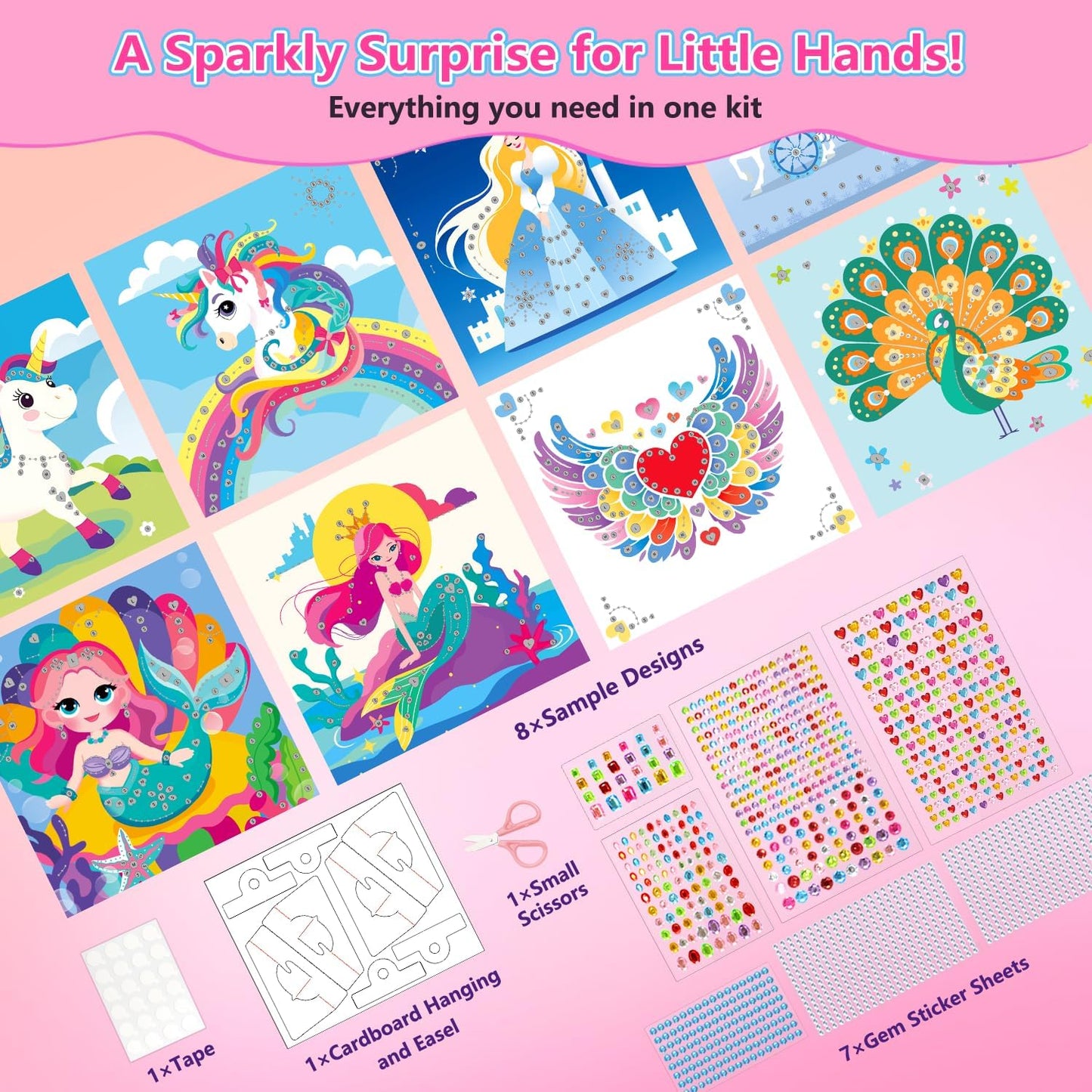 Marlrin Gem Sticker Kit for Kids, 8 Unicorn Princess Themes, Crafts Kits for Girls Ages 4-8, Arts & Crafts Toys, Diamond Art Kits for Kids - Birthday and Christmas Gift for Girls Ages 3, 4, 5, 6, 7, 8