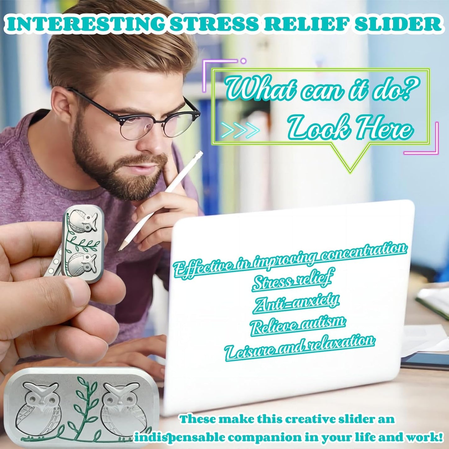 New Decompression Metal Poker Fidget Slider,Men's EDC Hand Slider,Poker Push Card Stress Relief Toys,Twig Sitting Owl Shape Design Fidget Toys,Office Desk Toys Gifts for Boyfriend and Father (Silver)