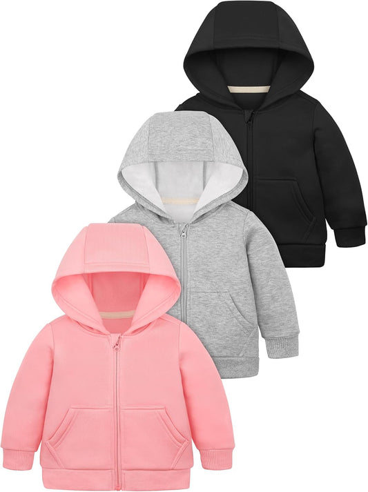 Cooraby 3 Pieces Baby and Toddler Girls Fleece Full-Zip Hoodies Lightweight Jacket with Pockets Winter Coat for Baby Girls