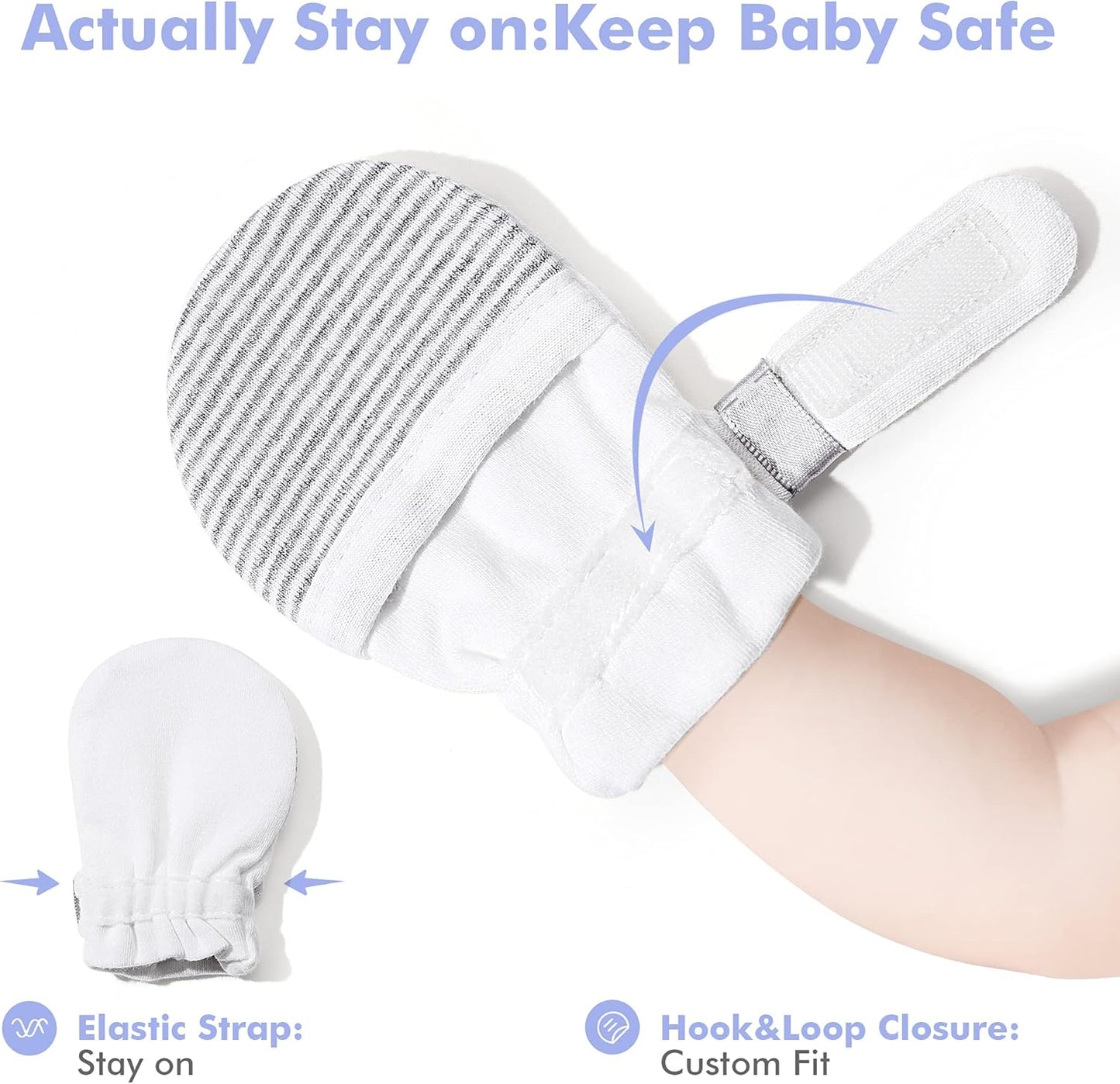 HAPIU Baby No Scratch Mittens Stay On, 100% Cotton Breathable, Adjustable Infant Gloves for Boys Girls, Newborn - 12 M