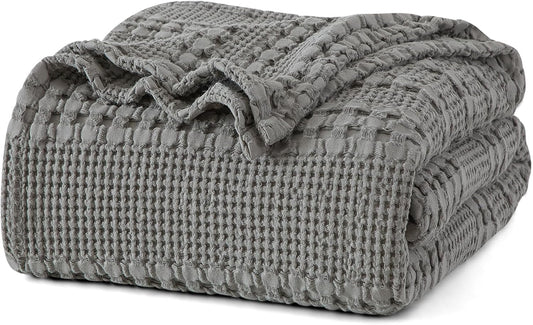 PHF 100% Cotton Waffle Weave Blanket Queen Size, Soft Lightweight Breathable Cozy Summer Blankets for Bed, Luxury Aesthetic Woven Bedding for Home Decor, 90"x90", Dark Grey