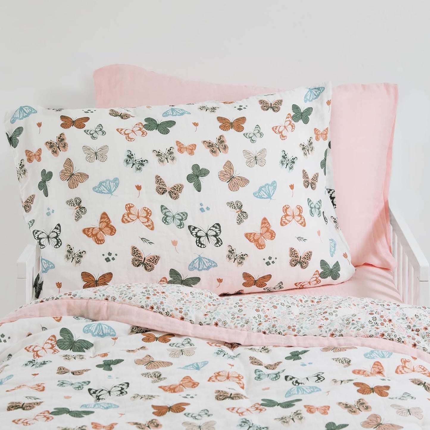 Little Unicorn Standard Pillowcase 2 Pack | Super Soft & Breathable Muslin Fabric | Snug Envelope Closure (Butterflies 2)