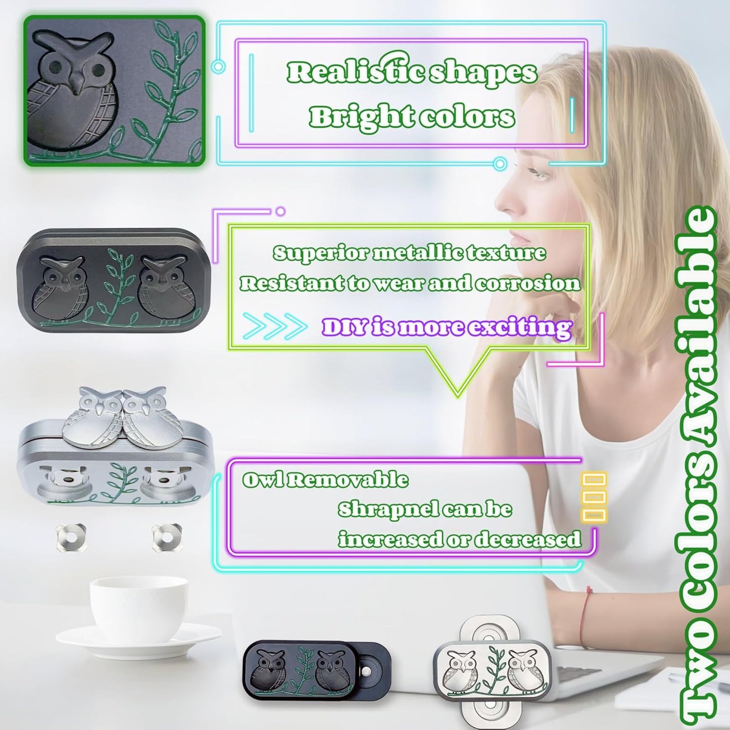 New Decompression Metal Poker Fidget Slider,Men's EDC Hand Slider,Poker Push Card Stress Relief Toys,Twig Sitting Owl Shape Design Fidget Toys,Office Desk Toys Gifts for Boyfriend and Father (Black)