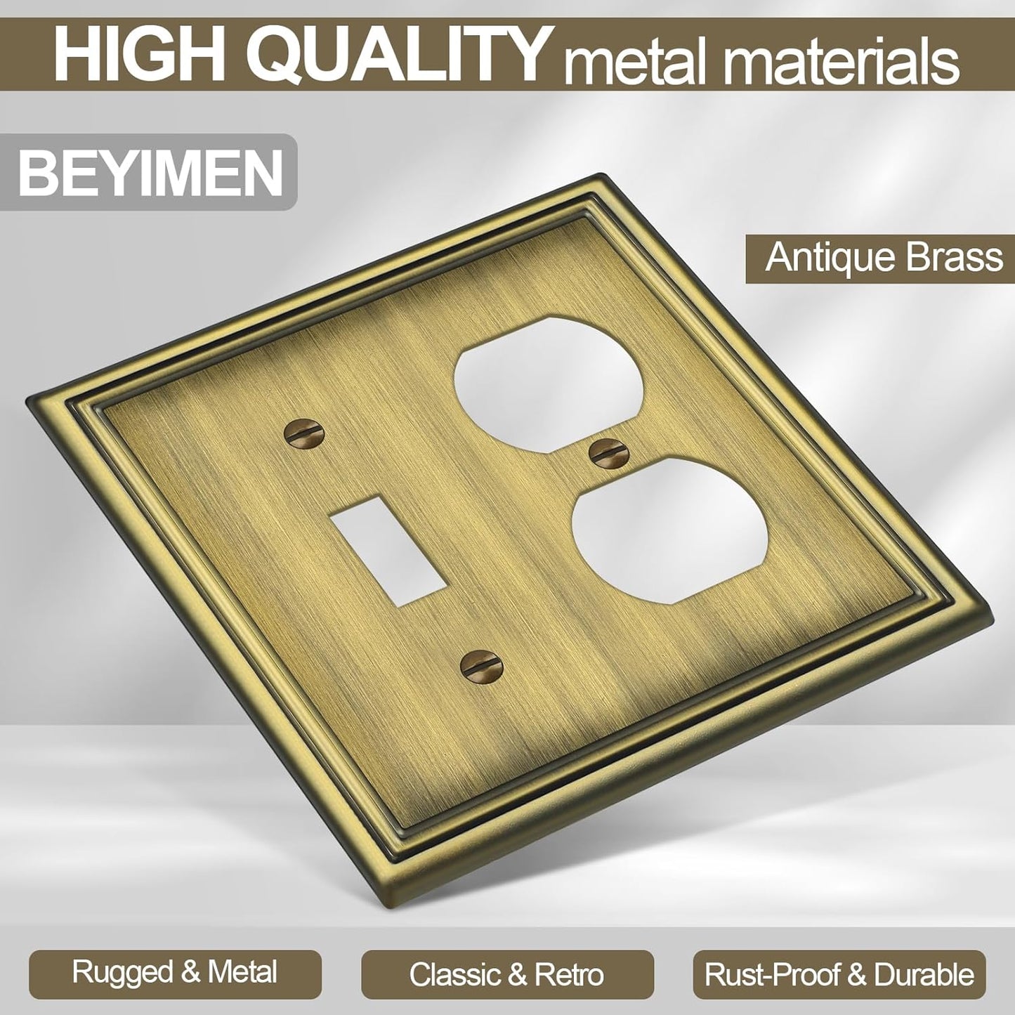 Combination Metal Light Switch Covers Wall Plate, 1 Toggle/1 Duplex Switch Plate Outlet Covers Antique Brass Decorative 2 Gang Wall Plate - Classic Style, 3 Pack