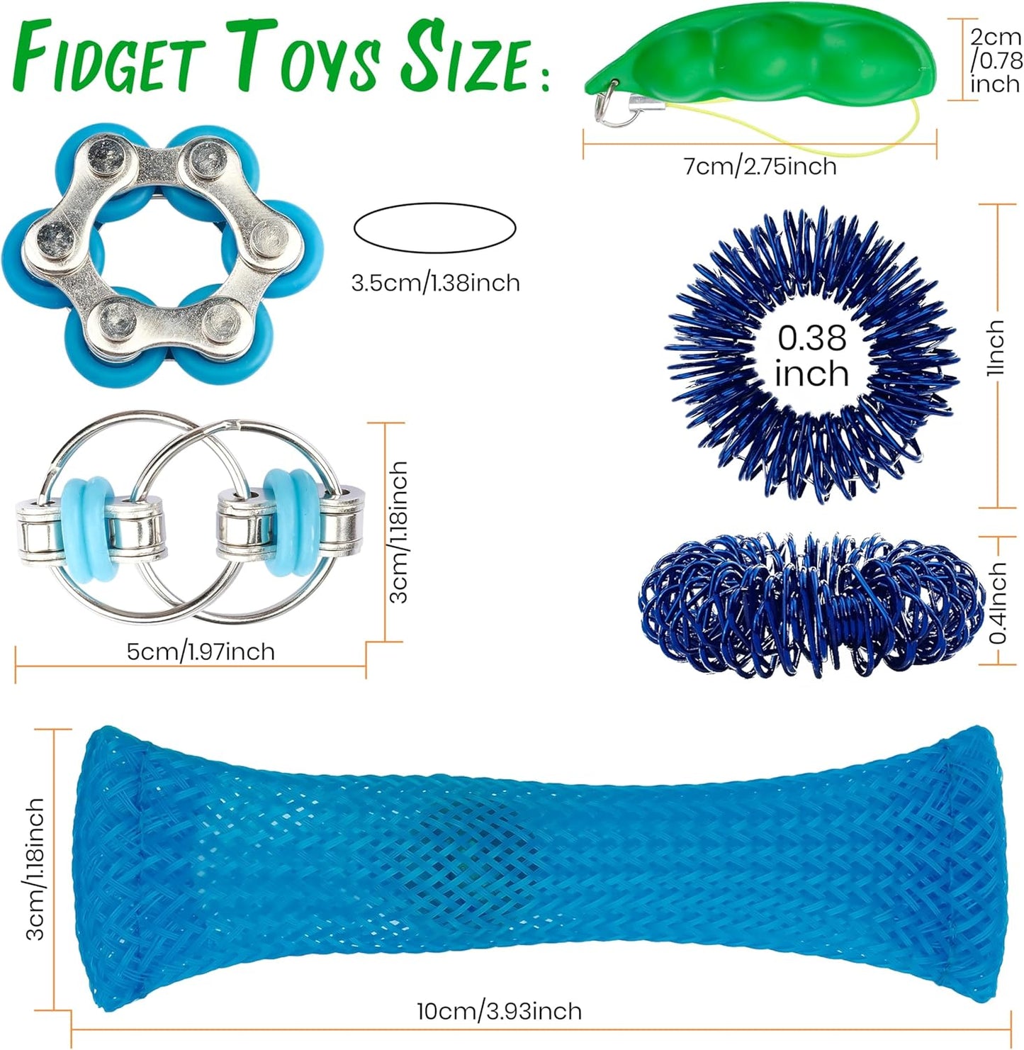 Sensory Fidget Toy 10 Set Roller Bike Chain Fidget Spinner and Marble Fidget Stress Pea Pod Stress Relief Tools, Spiky Sensory Finger Rings for Kids and Adults with Attention Disorder