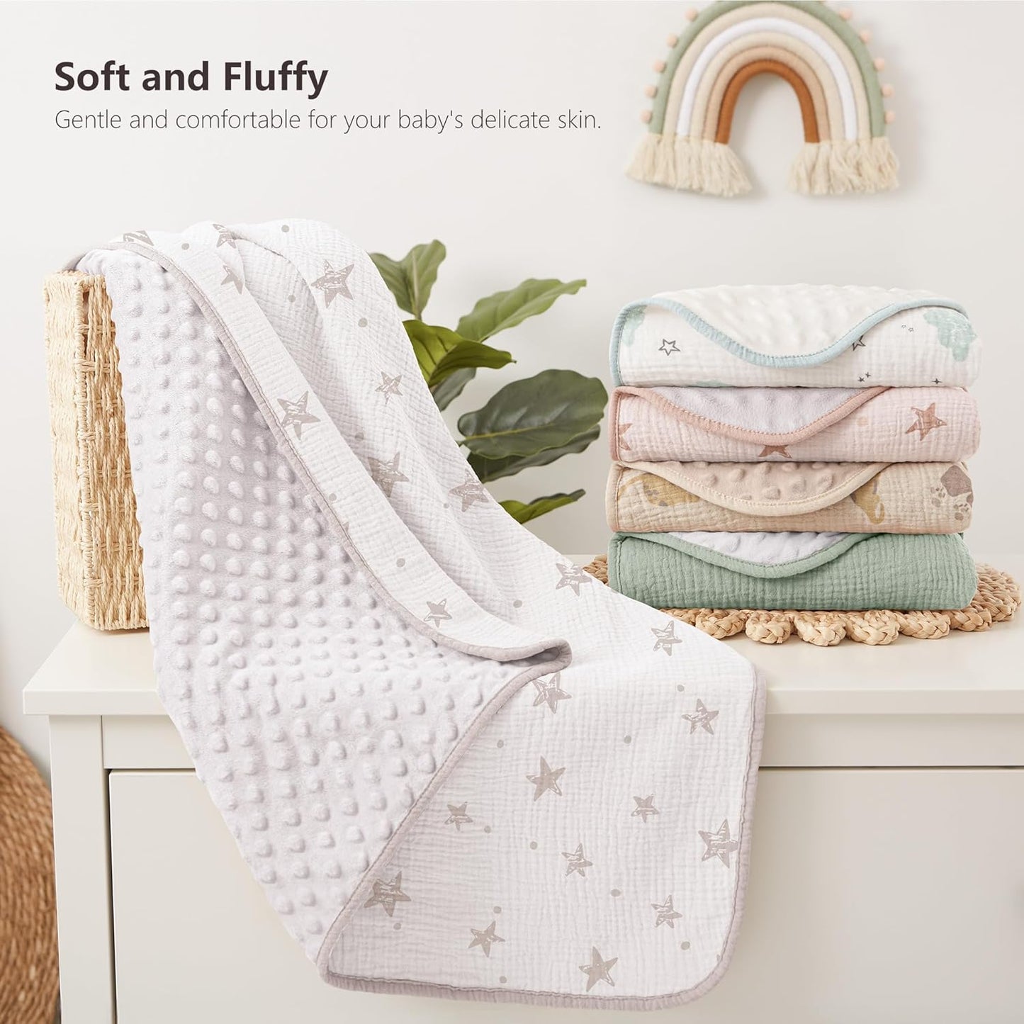 Susurration Baby Blanket for Unisex Boys Girls, Soft Nursery Minky Blanket with Muslin Cotton Front and Dotted Fleece Back, Receiving Blanket for Baby Newborn Infant, 30x40inch (Beige Star)