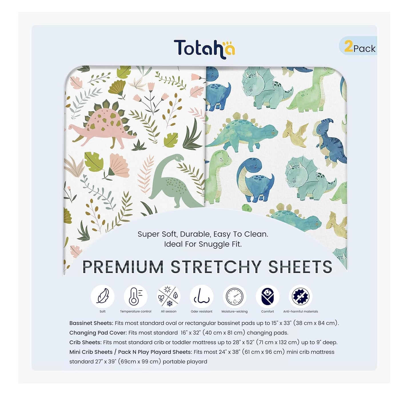TotAha Premium Soft Dinosaur Changing Pad Cover, Stretchy Jersey Knit Changing Table Cover, Ultra Breathable Diaper Changing Pad Cover for Baby Girls Boys, 2 Pack
