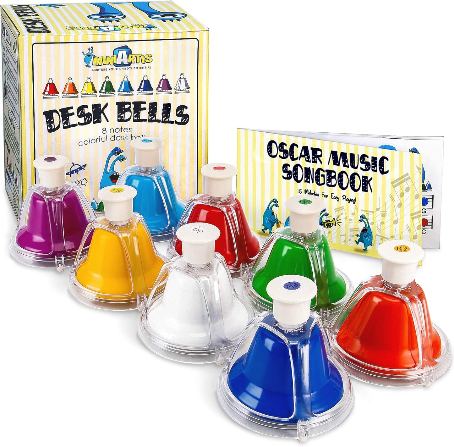 MINIARTIS Desk Bells for Kids | Educational Music Toys for Toddlers 8 Notes Colorful Hand Bells Set | Kids Musical Instrument with 15 Songbook | Great Birthday Gift for Children