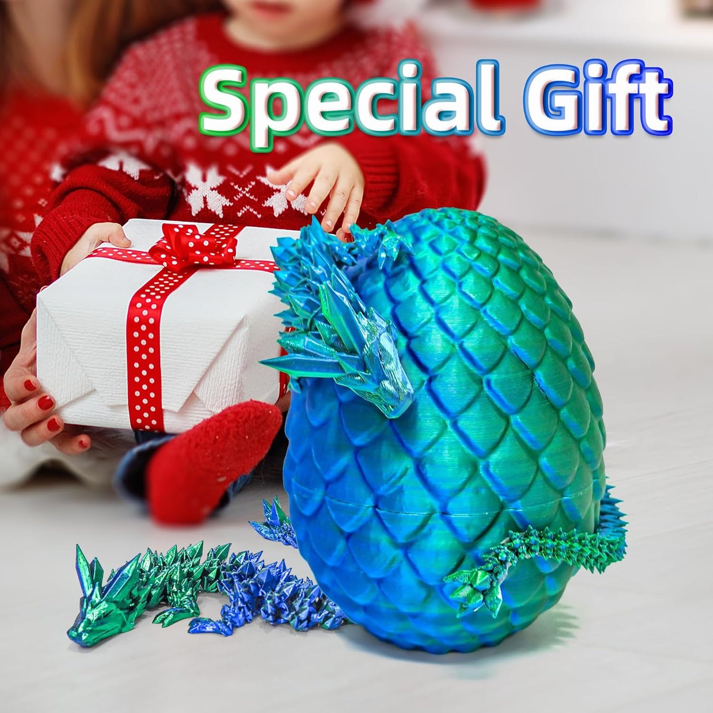 Dragon Egg - 3D Dragon Egg with Flexible Pearly Sheen Dragon Inside, 3D Printed Surprise Gift, Articulated Dragon Egg Fidget Toy, Dragon Figurine Decor (12” Dragon,Green Mix Blue)