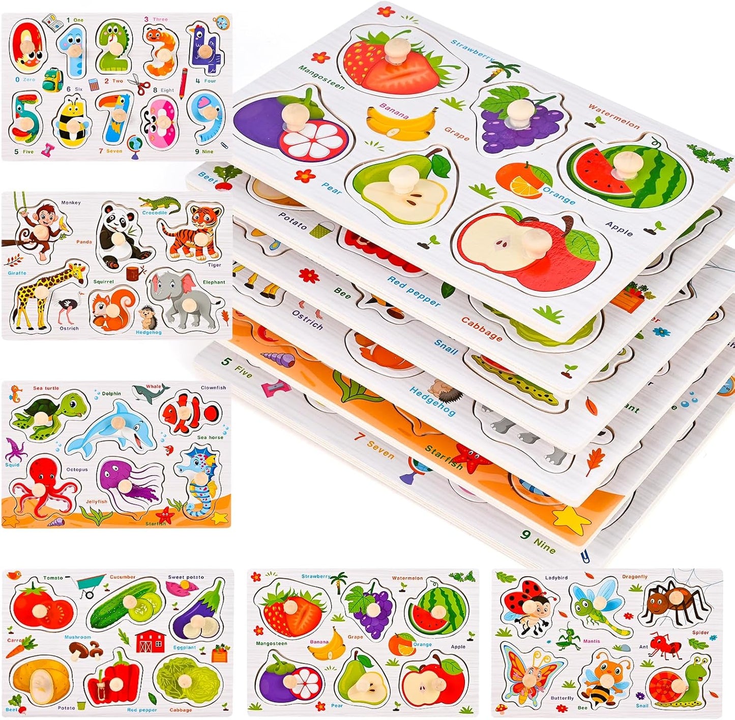 Wooden Peg Puzzles for Toddlers 1-3, 6 PCS Puzzles for Kids, Montessori Toddler Numbers, Vegetables, Fruits, Insects, Sea and Animals Puzzles, Great Preschool Gifts for Girls and Boys