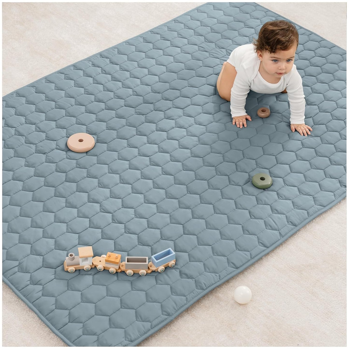 Comfy Cubs Rectangle Kids Play Mat - Medium 48 x 72 inches Soft Quilted Baby Floor Mat with Non-Slip Bottom - Plush Design for Toddlers Playtime and Relaxation - Comfortable and Durable - Pacific Blue