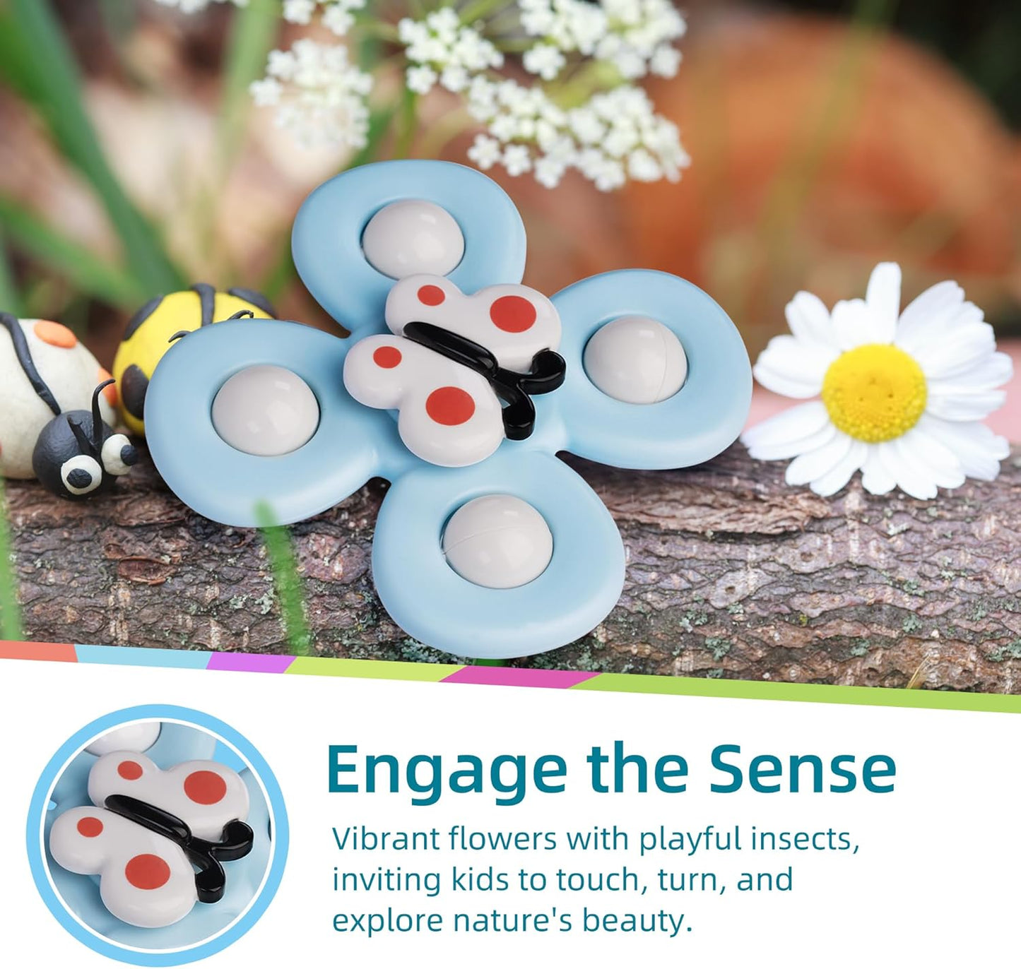 LiKee Strong Suction Cup Fidget Rotating Sensory Bath Toys for Baby 12 18 Months Airplane Car Travel Table & Window Toys for 1 2 Years Old Toddler Boys and Girls (Insect-2)