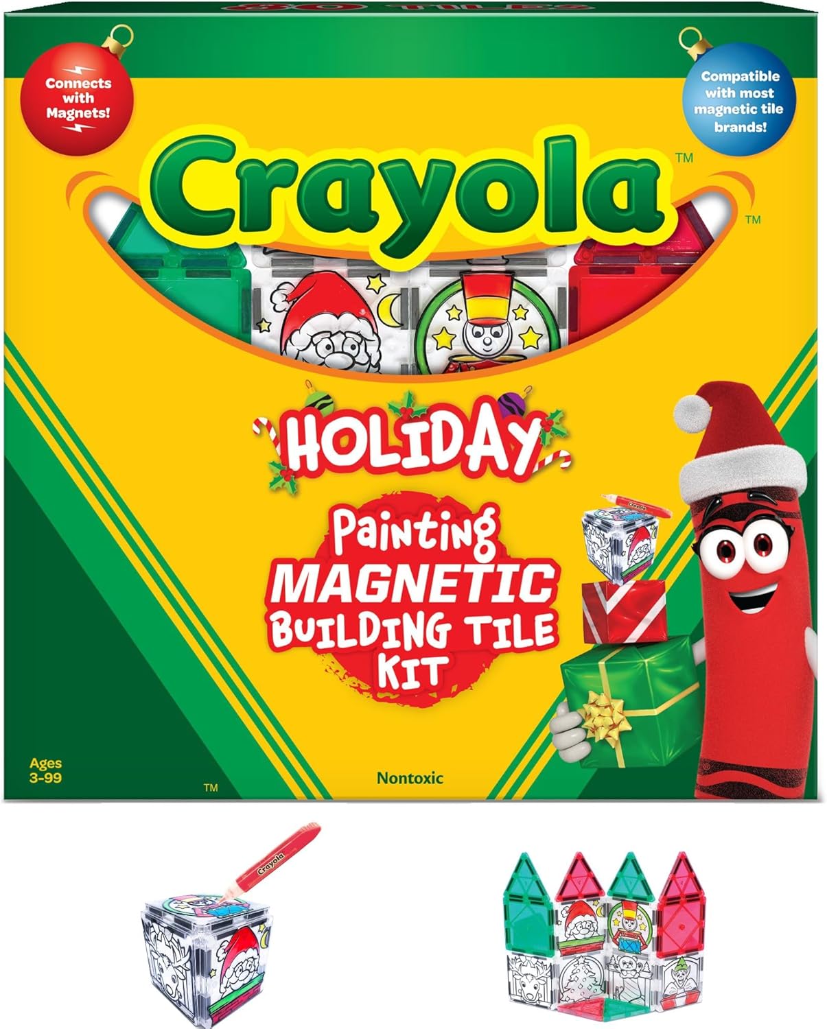 CreateOn Crayola PaintOn Holiday Magnetic Tiles, Magnetic Kids’ Building Toys, STEM Learning Travel Toys for Boys and Girls, 18-Piece Set