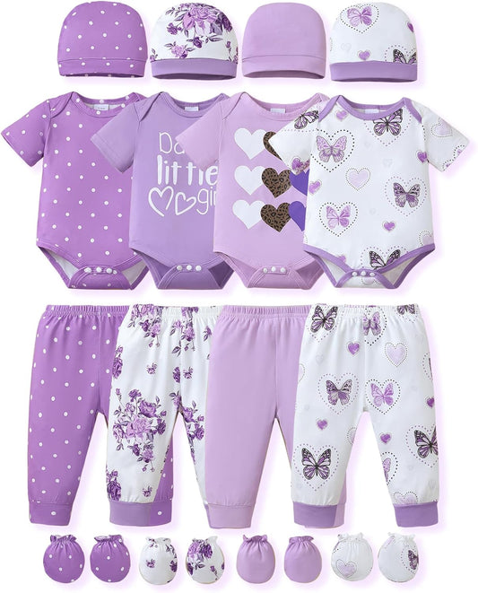 NZRVAWS Newborn Baby Boy Girl Clothes Unisex Infant Romper Pants Set Hat 4-Pack Outfits 0-12 Months 16 Pieces Toddler