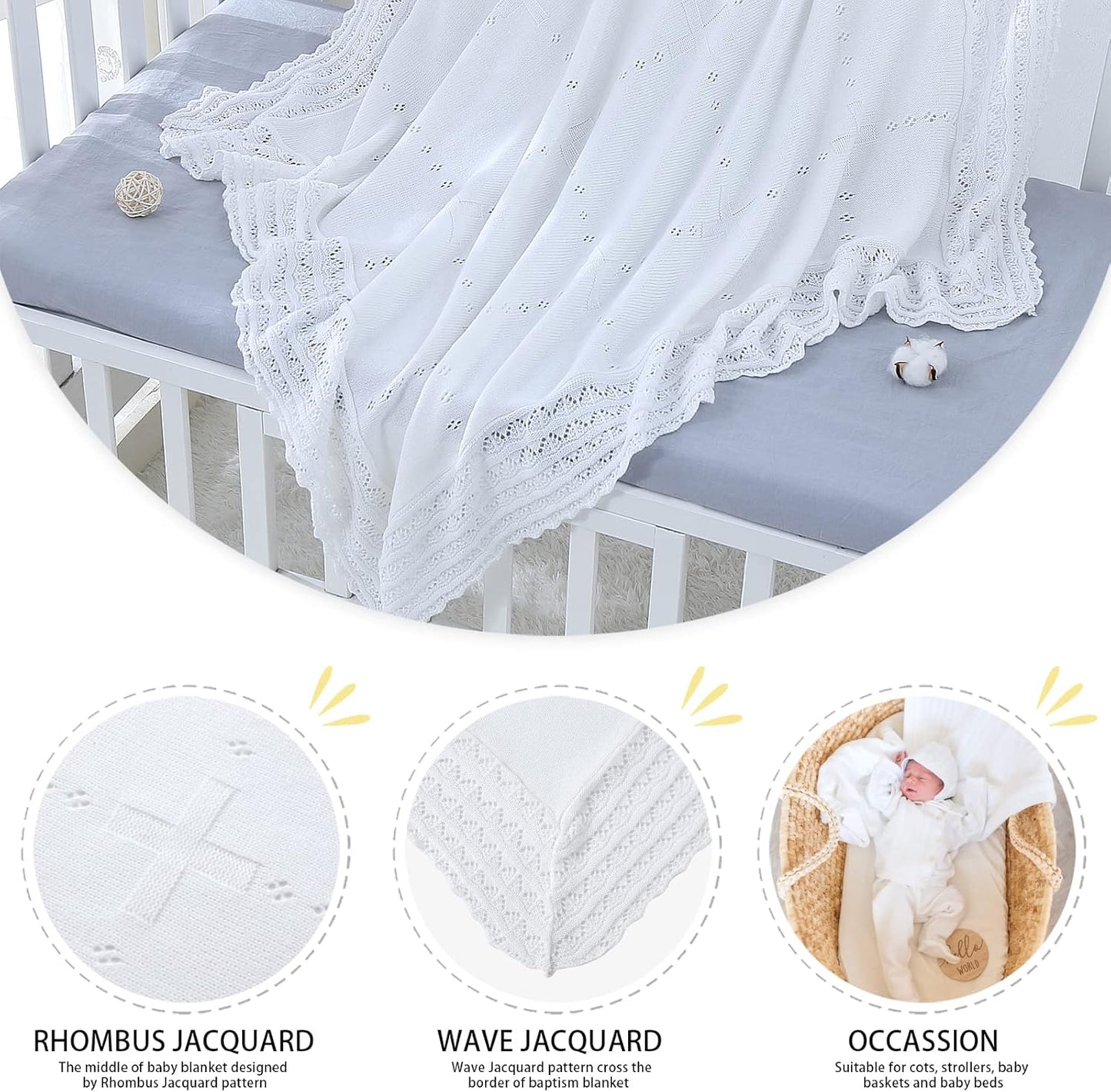 Booulfi Baby Blanket White Receiving Blanket Baptism Christening Towel for Newborn Girls Boys, White Cotton Knit Thermal Baby Blanket Shawl with Cross Pattern, 47”x47”
