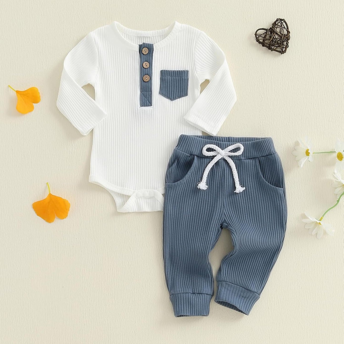 fhutpw Baby Boy Clothes 3 6 12 18 Months Ribbed Knitted Long Sleeve Romper and Pants Sets Newborn Fall Splicing Color Outfits