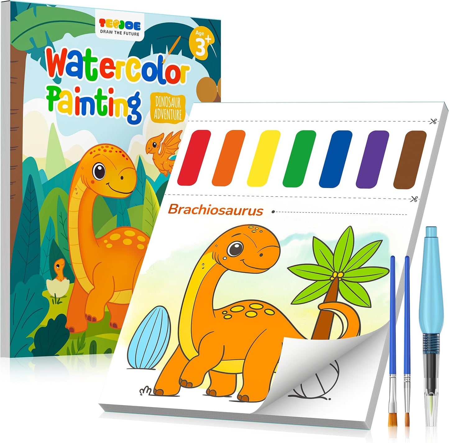TECJOE Paint with Water Coloring Books for Toddlers, Dinosaur Series Watercolor Set with 3 Brushes, Mess Free Painting Activity for Kids Ages 4 5 6 7 8, Christmas Gifts Arts & Crafts Toy