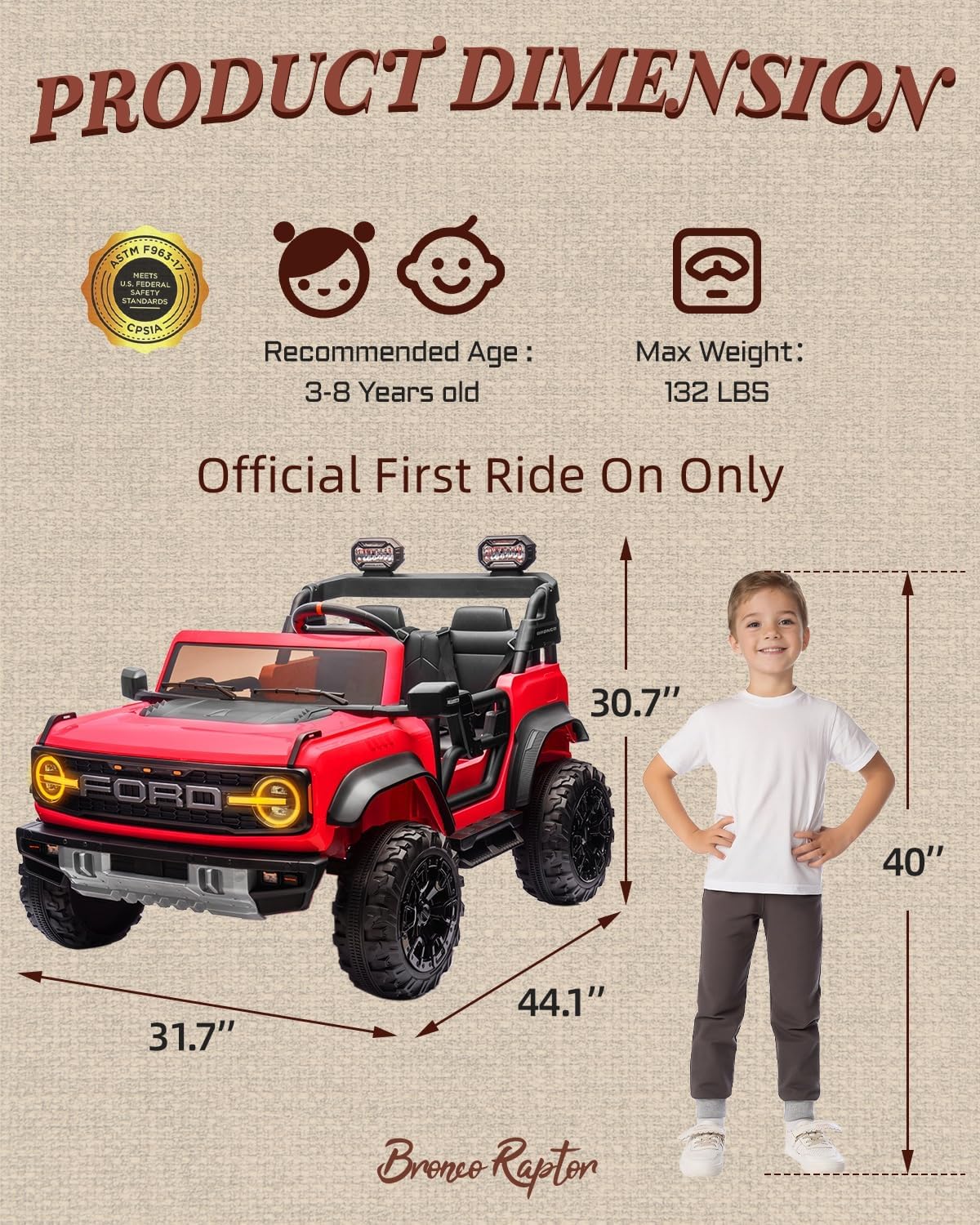 Ford Bronco 24V Ride on Toys for Boys & Girls, 2 Seater Kids Electric Car with Remote Control, Kids Ride on Truck with 4 Wheels Suspension, Led Lights, Safety Belt (24V, Red)