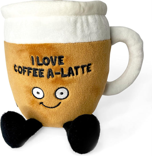 Coffee Foodie Plushie, Funny Pun Meme Gag Gift, White Elephant, Stocking Stuffer Present, Great for Emotional Support, Fun Desk Accessory, Weighted Base for Display