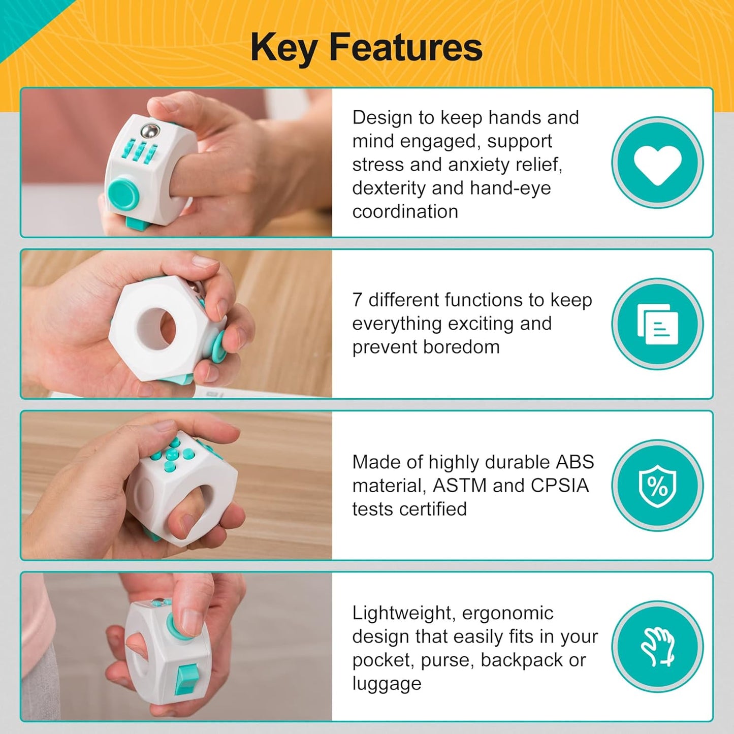 Fidget Cube Stress Relief Toy – 6 Sided Infinity Cube Fidget Toy for Kids, Adults – Heavy Duty ABS Plastic Sensory Fidget Toy for Anxiety Relief – Ideal for Office, School, Traveling