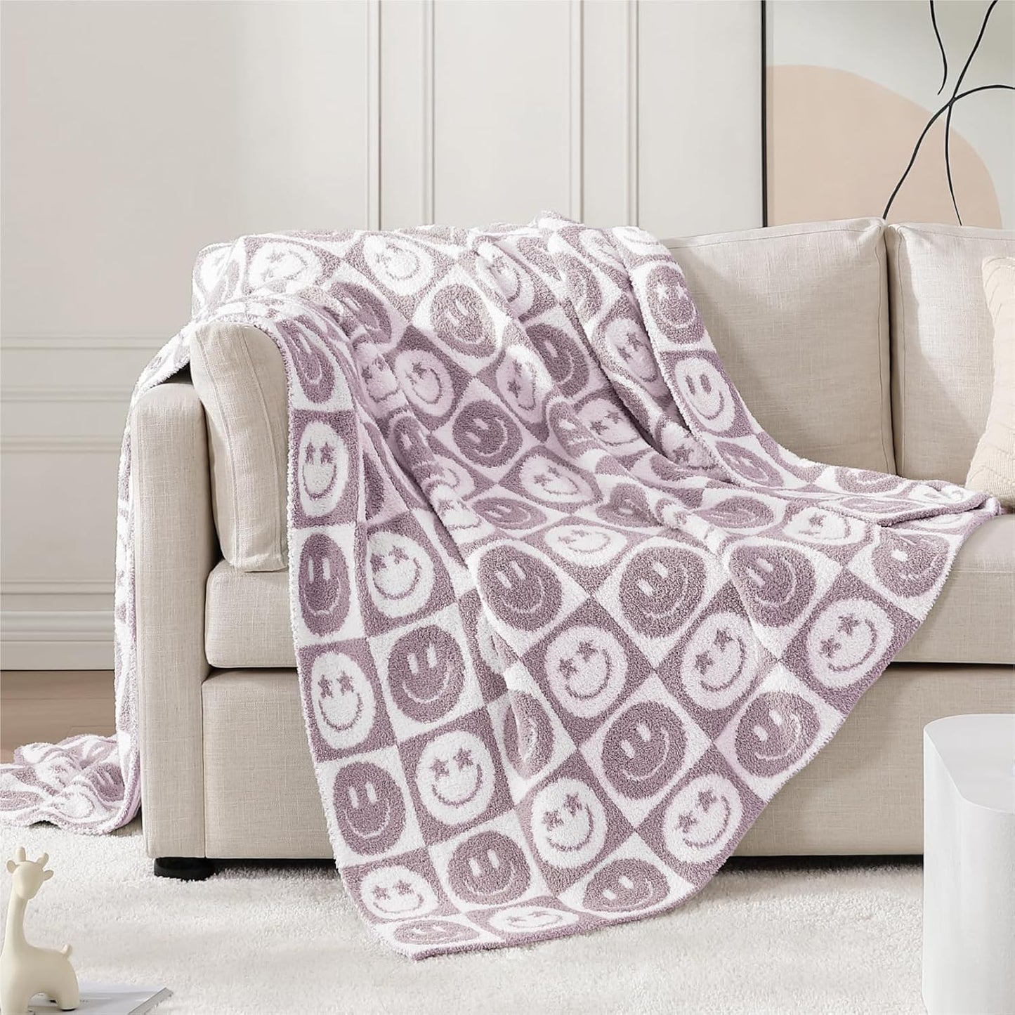 WRENSONGE Checkered Throw Blanket Lilac Smiling Face Soft Cozy Fluffy Warm Hand Made Throw Blankets for Couch, Sofa, Chair, Bed, Camping, Picnic, Travel Lightweight Bed Blanket - 50"*60"