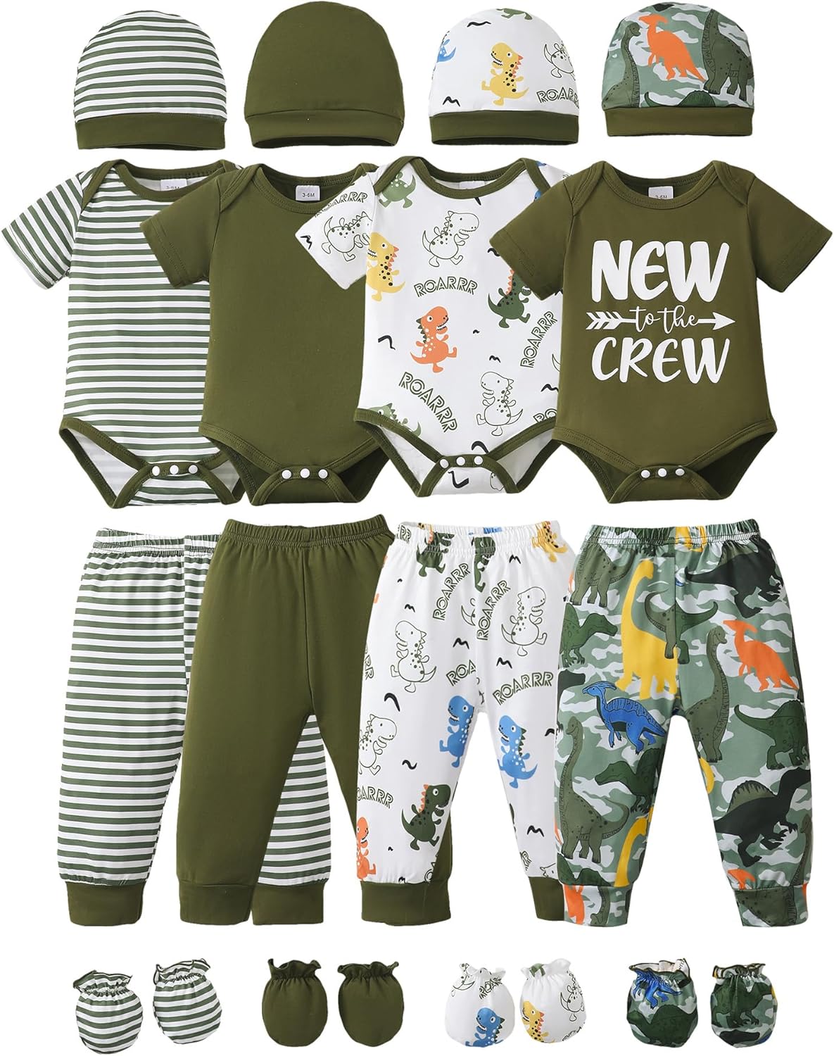 NZRVAWS Newborn Baby Boy Girl Clothes Unisex Infant Romper Pants Set Hat 4-Pack Outfits 0-12 Months 16 Pieces Toddler