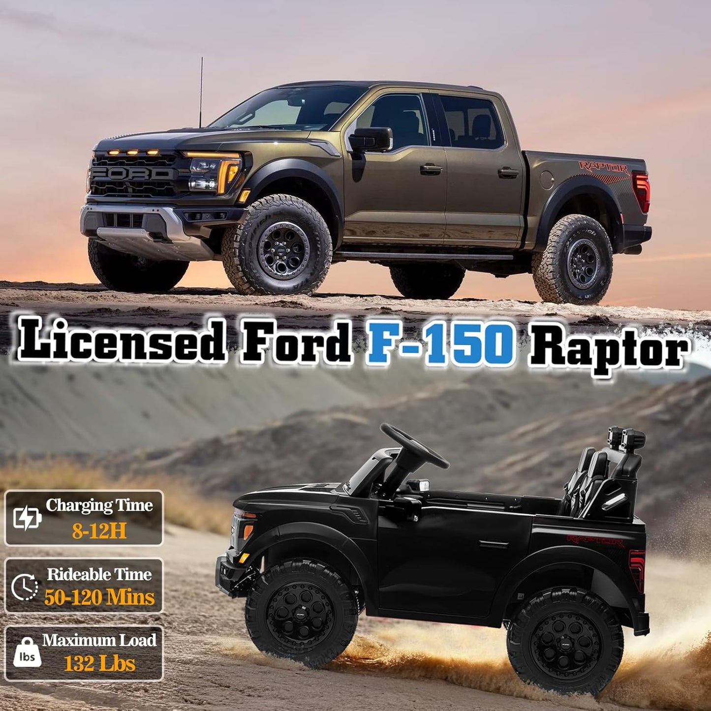 24V Ride on Car Licensed Ford F-150 Raptor, Kids Electric Car with Remote Control, LED Light/Music/MP3, Truck Bed Storage, 3-Point Seat Belt (24V, Black)