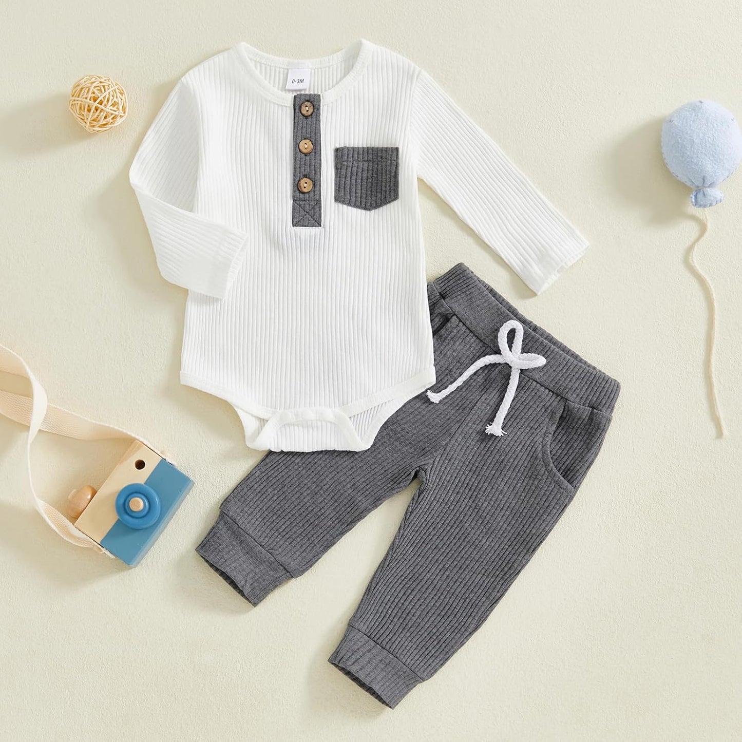 fhutpw Baby Boy Clothes 3 6 12 18 Months Ribbed Knitted Long Sleeve Romper and Pants Sets Newborn Fall Splicing Color Outfits