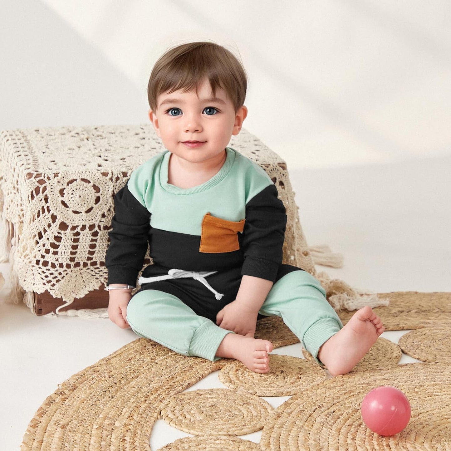 Kupretty Toddler Baby Boy Fall Winter Clothes Color Block Long Sleeve Sweatshirt Pullover Tops + Joggers Pants Outfit Set