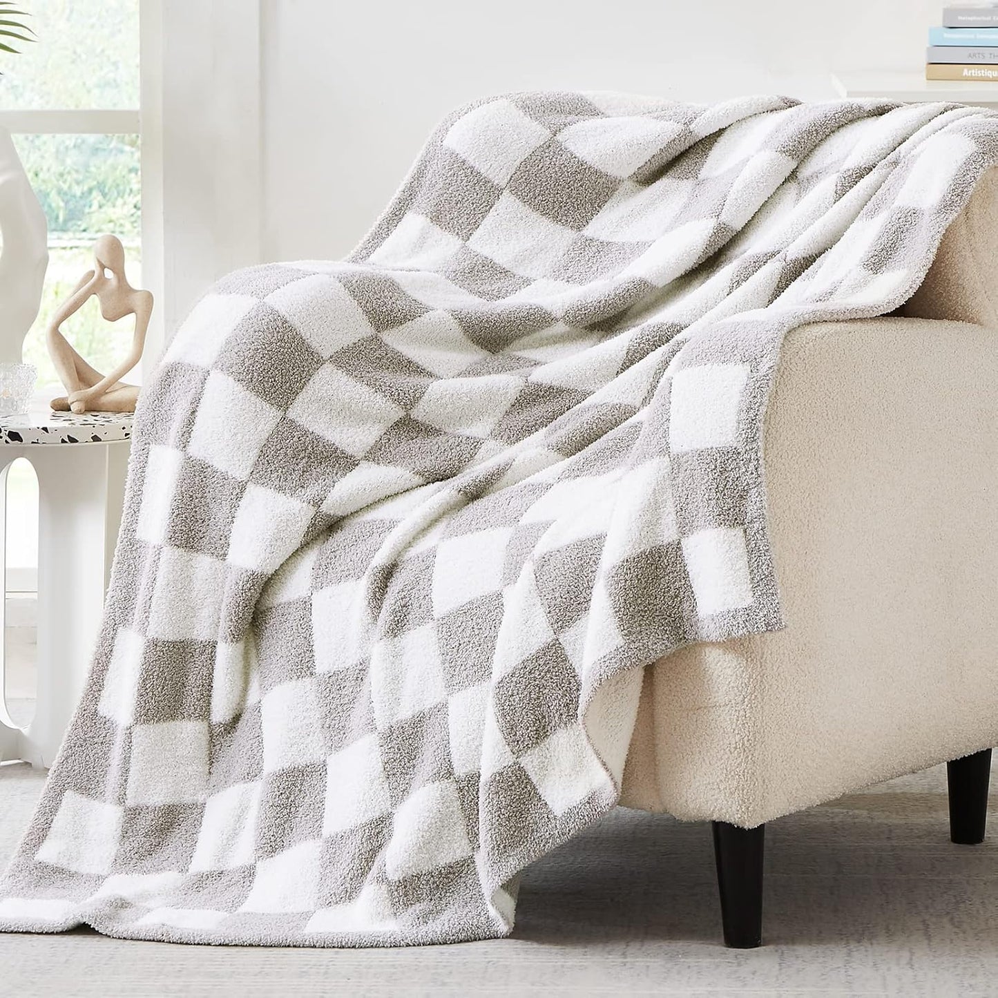WRENSONGE Checkered Throw Blanket, Light Grey Soft Cozy Fluffy Warm Hand Made Throw Blankets for Couch, Sofa, Chair, Bed, Camping, Picnic, Travel Lightweight Bed Blanket - 50"*70"